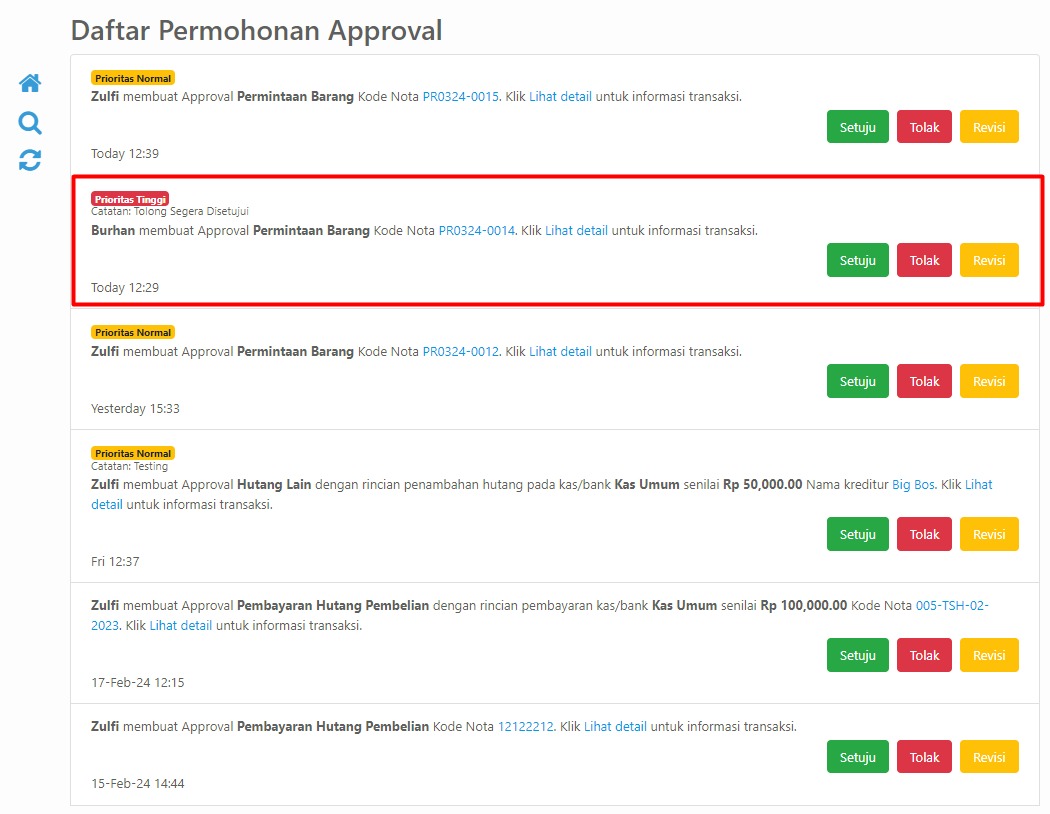 Halaman Daftar Permohonan Approval