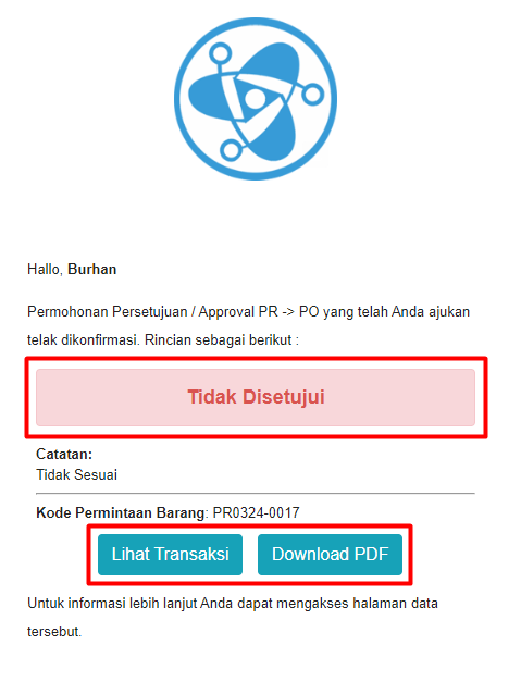 Email Notifikasi Approval Ditolak