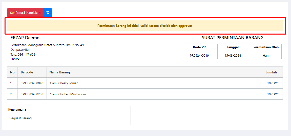 Status Ditolak pada Surat Permintaan Barang