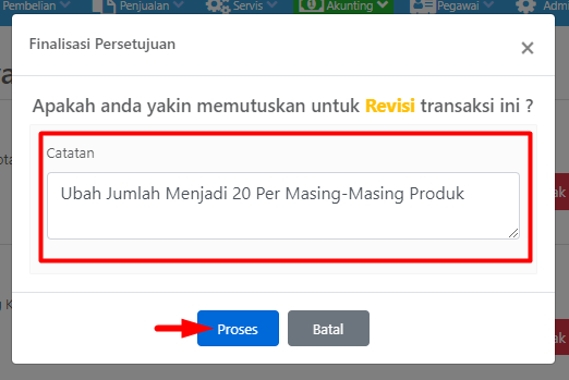 Pop-up Finalisasi Persetujuan untuk Revisi