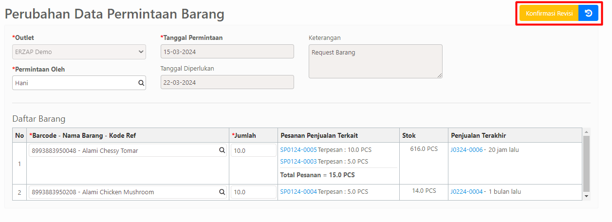 Halaman Edit Transaksi dengan Tombol Konfirmasi Revisi