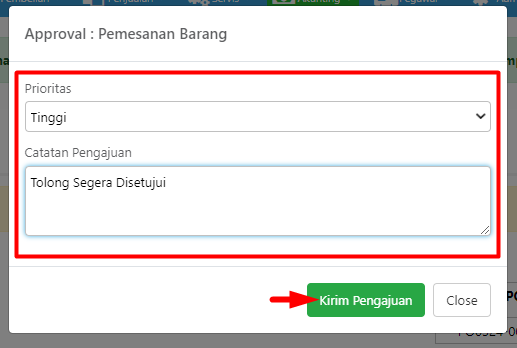 Pop-up form pengajuan approval dengan kolom prioritas dan catatan