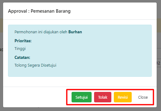 Pop-up proses approval dengan pilihan setujui tolak atau revisi