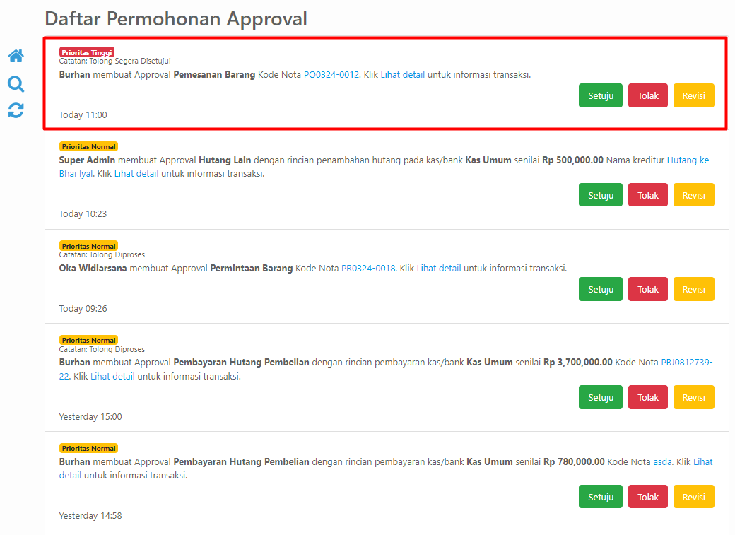 Halaman daftar permohonan approval dari menu administrator