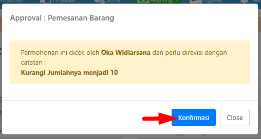 Pop-up konfirmasi revisi dengan detail catatan dari approver