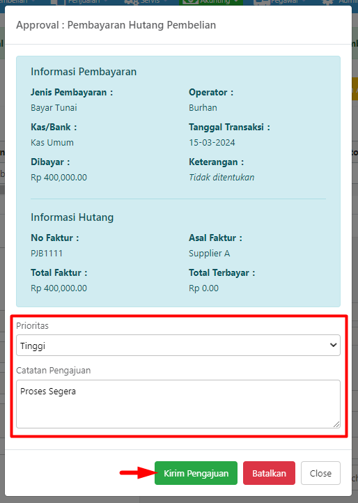 Pop-up Approval Pembayaran Hutang Pembelian
