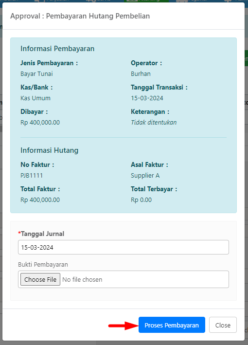 Pop-up Proses Pembayaran dengan Tanggal Jurnal