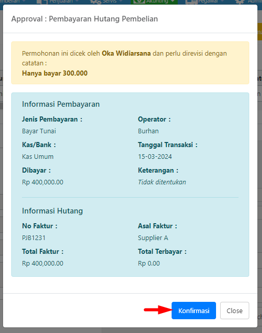 Pop-up Konfirmasi Revisi