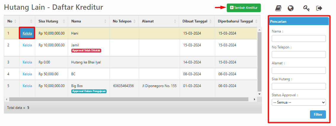 Daftar Kreditur Hutang Lain