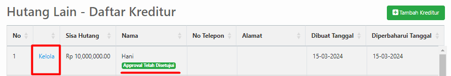 Data Kreditur dengan Status Disetujui