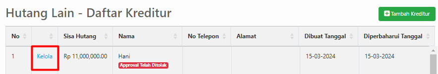 Data Kreditur dengan Status Ditolak