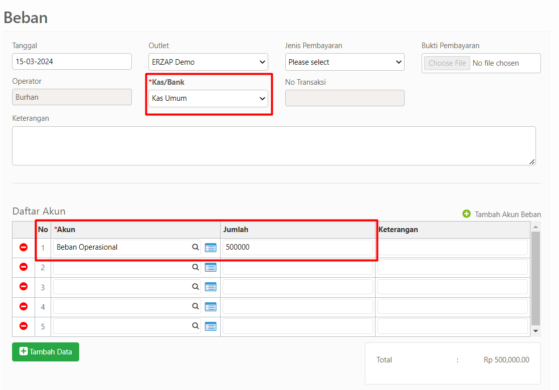 Form pengisian data beban lengkap
