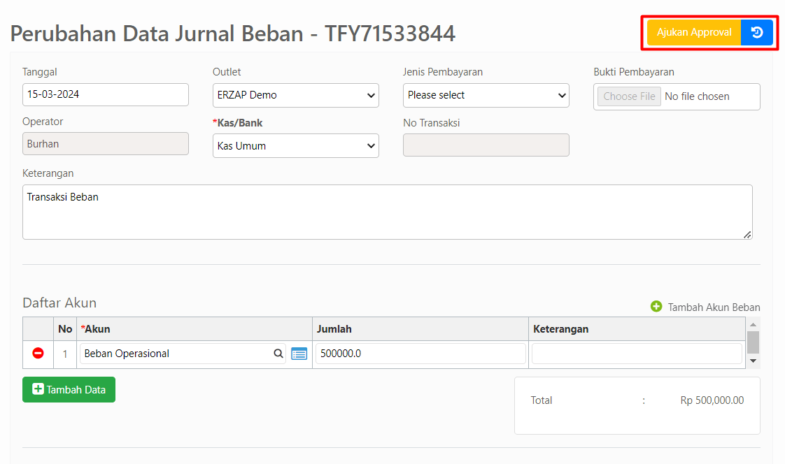 Halaman perubahan data jurnal beban dengan tombol ajukan approval