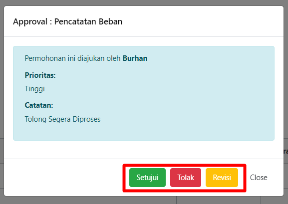 Pop-up approval dengan opsi setujui, tolak, atau revisi