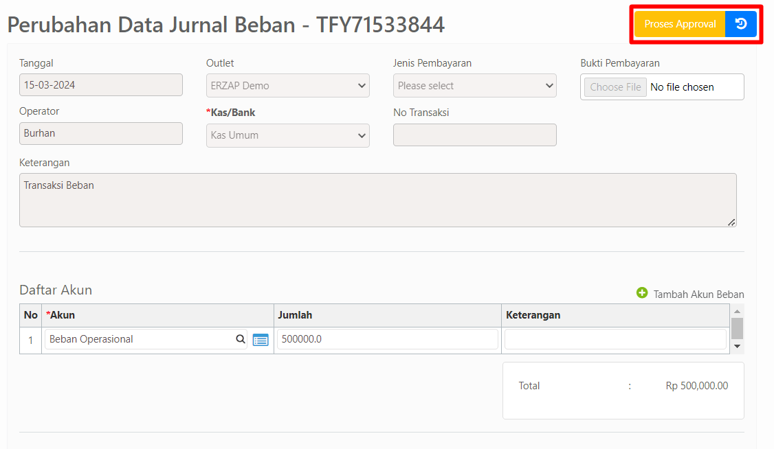 Halaman perubahan data jurnal beban dengan tombol proses approval