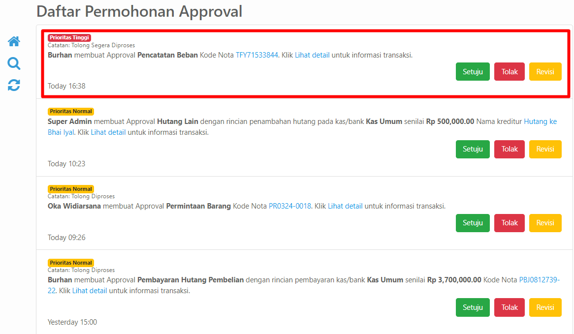 Daftar permohonan approval dari menu administrator