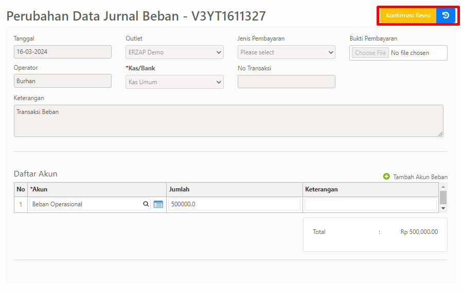 Halaman perubahan data jurnal beban dengan tombol konfirmasi revisi