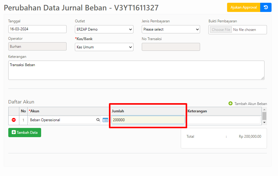 Halaman revisi data beban