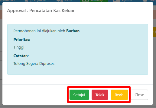 Pop-up Proses Approval dengan opsi Setujui, Tolak, dan Revisi