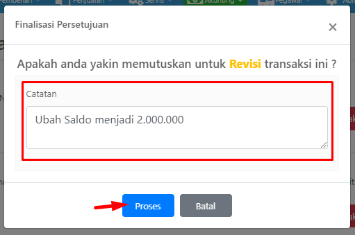 Pop-up Finalisasi Persetujuan untuk revisi