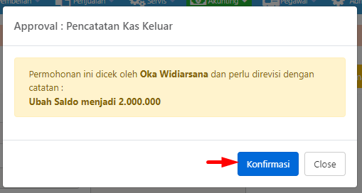 Pop-up Konfirmasi Revisi dengan catatan Approver