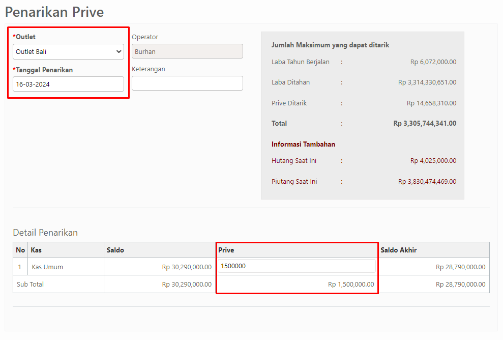 Form pengisian data penarikan prive