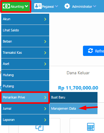 Menu Manajemen Data Penarikan Prive