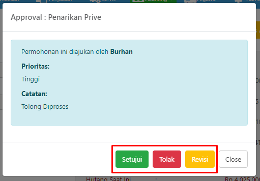 Pop-up opsi approval penarikan prive