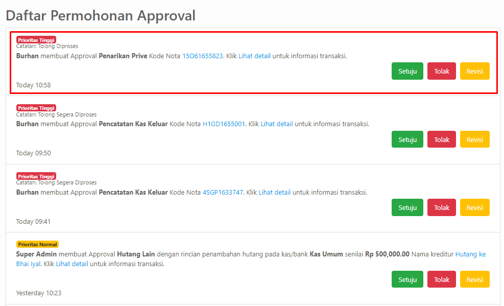 Halaman Daftar Permohonan Approval