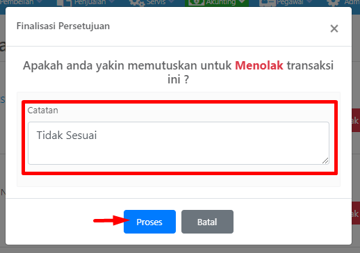 Pop-up Finalisasi Persetujuan dengan catatan wajib