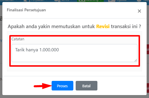 Pop-up Finalisasi Persetujuan dengan catatan revisi